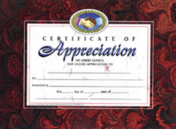 CERTIFICATES OF APPRECIATION 30 PK