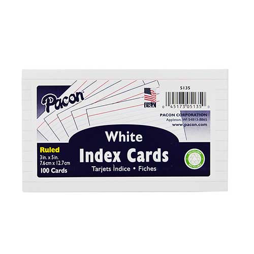 WHITE 3X5 RULED INDEX CARDS 100PK